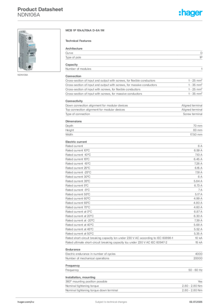Image Hager Product data sheet NDN106A  | Hager New Zealand