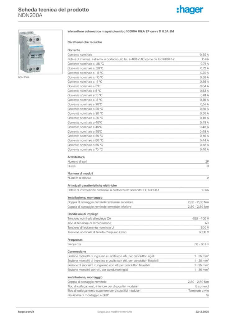 Immagine Hager Scheda tecnica del prodotto NDN200A | Hager Italia
