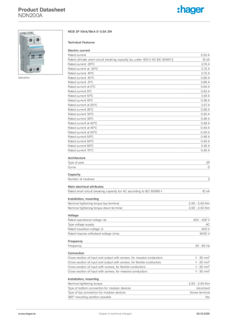 Image Hager Product data sheet NDN200A  | Hager