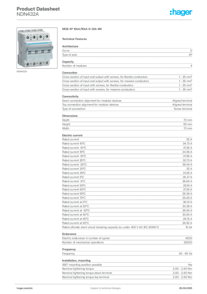 Image Hager Product data sheet NDN432A  | Hager