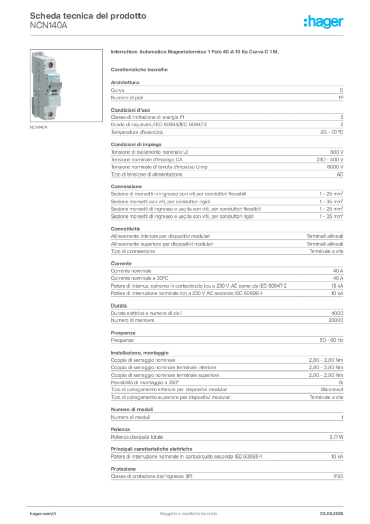 Immagine Hager Scheda tecnica del prodotto NCN140A | Hager Italia