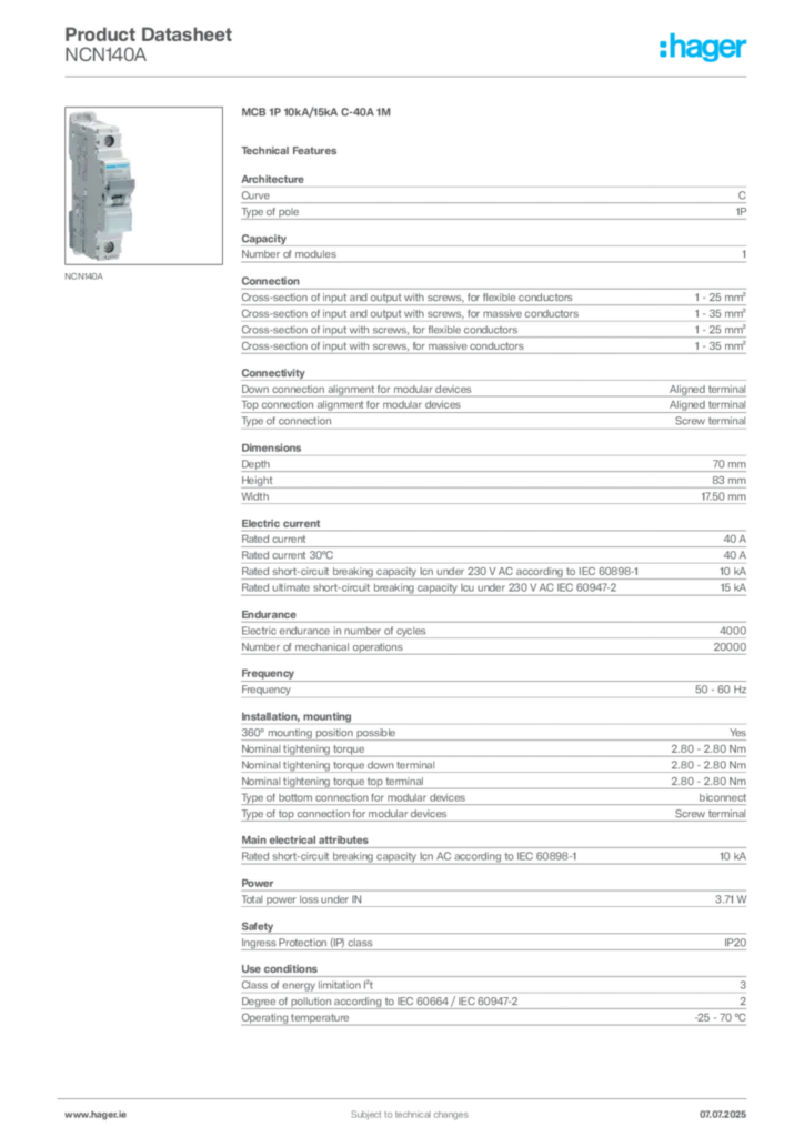 Image Hager Product data sheet NCN140A  | Hager