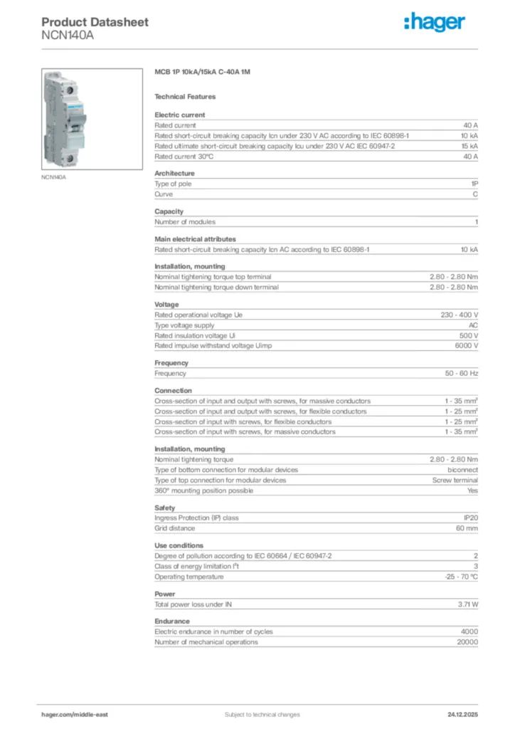 Image Hager Product data sheet NCN140A  | Hager