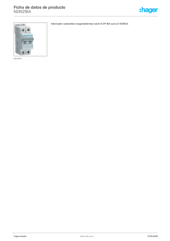 Imagen Hager Ficha de datos de producto NDN216A | Hager España