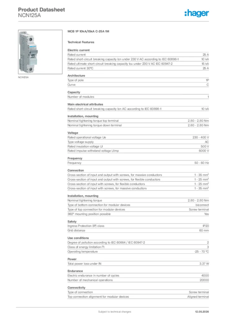 Image Hager Product data sheet NCN125A  | Hager Africa