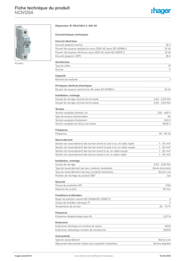 Image Hager Fiche technique du produit NCN125A | Hager Afrique
