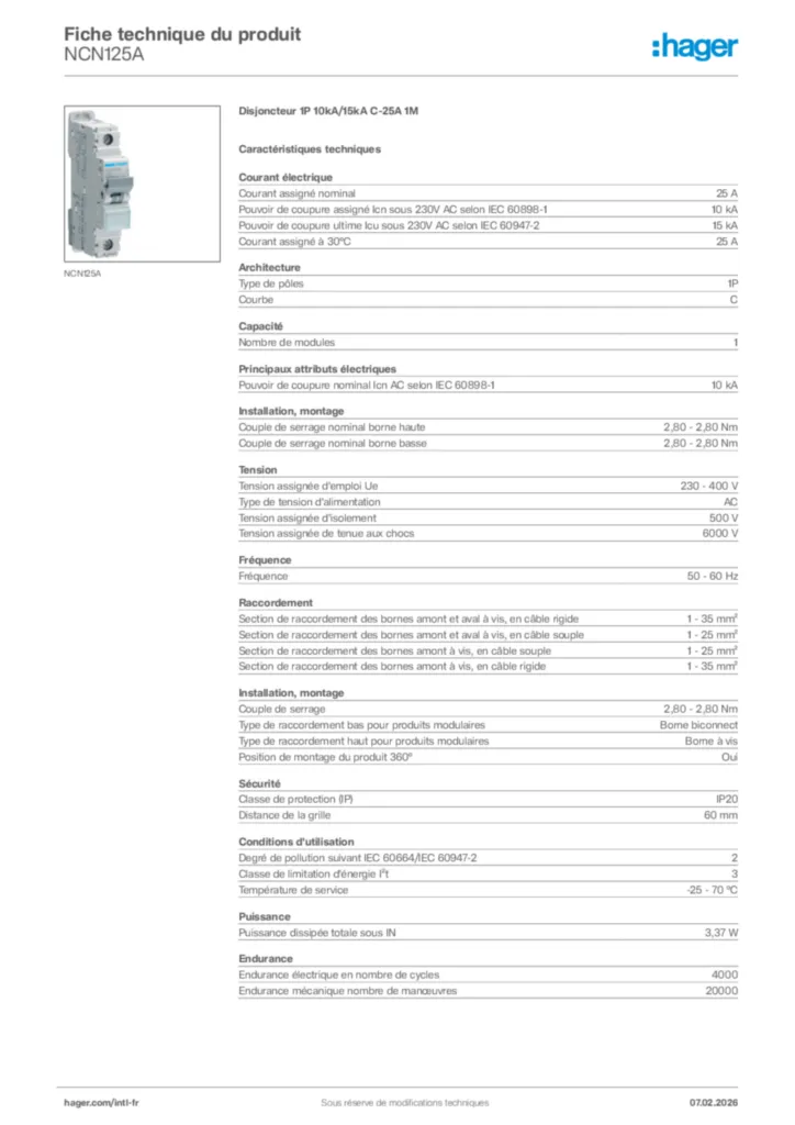 Image Hager Fiche technique du produit NCN125A | Hager Afrique