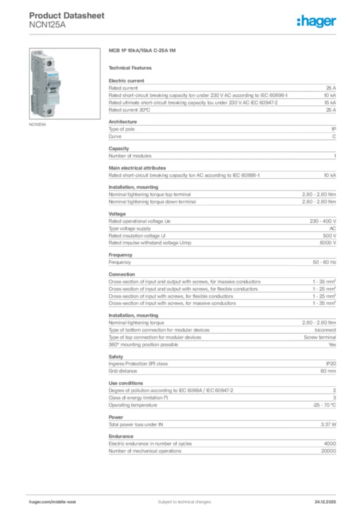 Image Hager Product data sheet NCN125A  | Hager