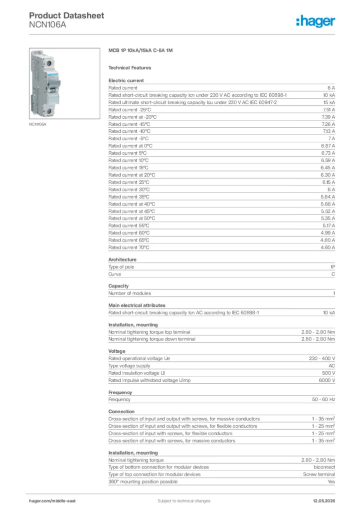 Image Hager Product data sheet NCN106A  | Hager