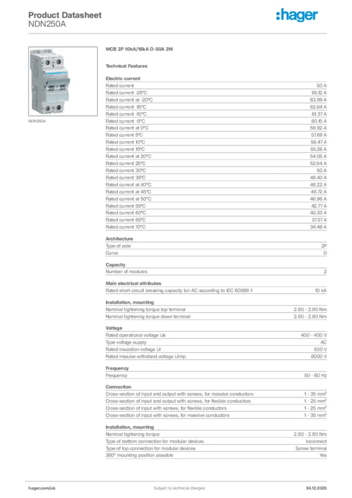 Image Hager Product data sheet NDN250A  | Hager