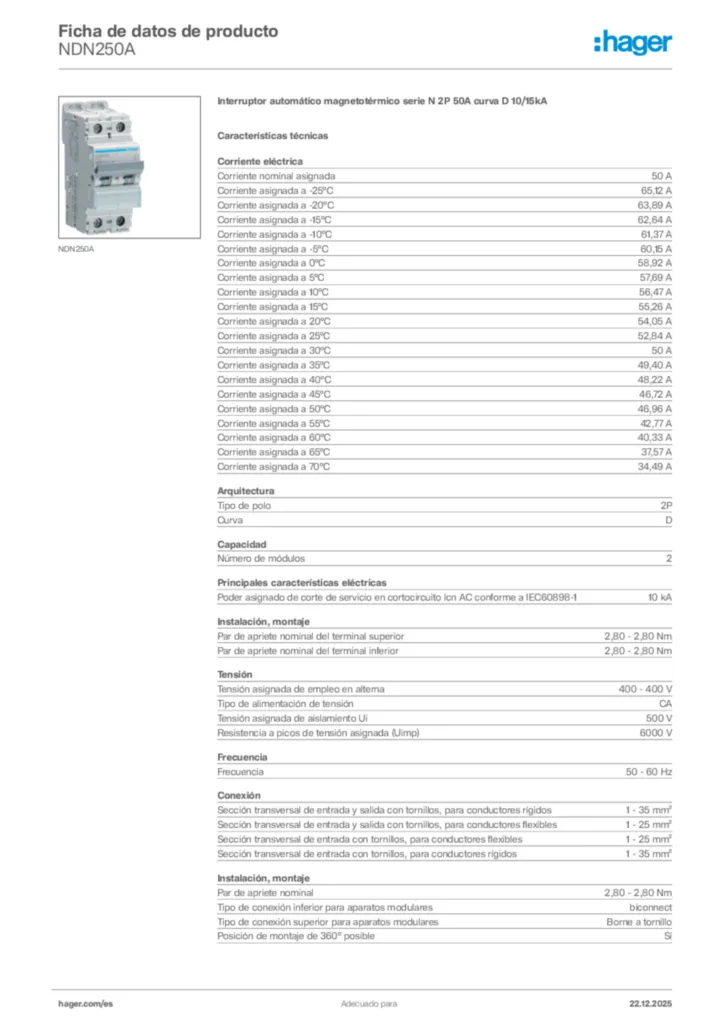 Imagen Hager Ficha de datos de producto NDN250A | Hager España