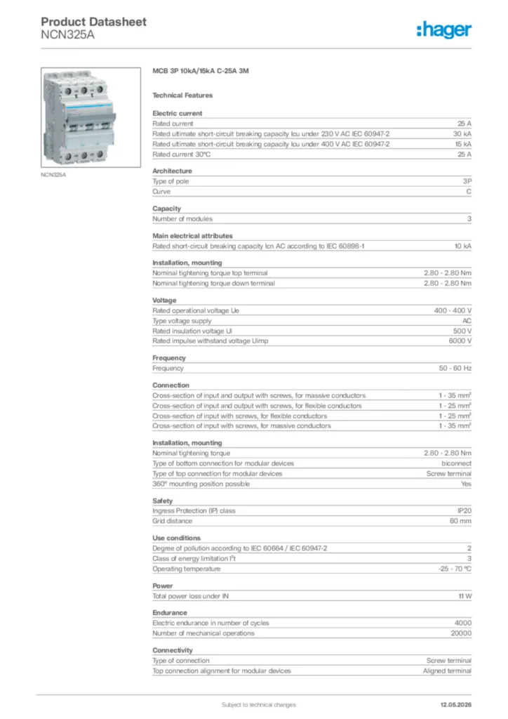 Image Hager Product data sheet NCN325A  | Hager Africa