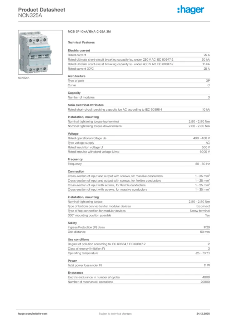 Image Hager Product data sheet NCN325A  | Hager