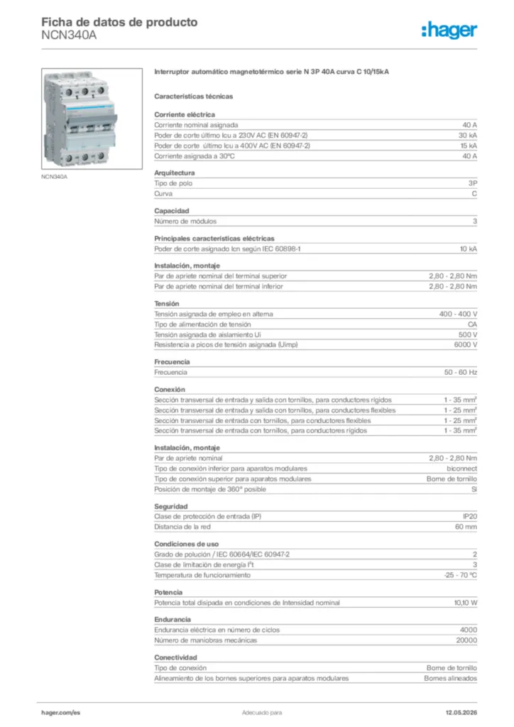 Imagen Hager Ficha de datos de producto NCN340A | Hager España