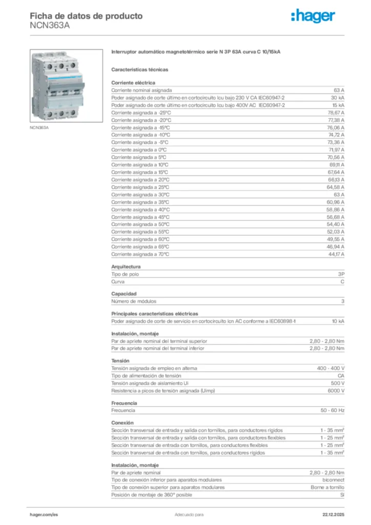 Imagen Hager Ficha de datos de producto NCN363A | Hager España