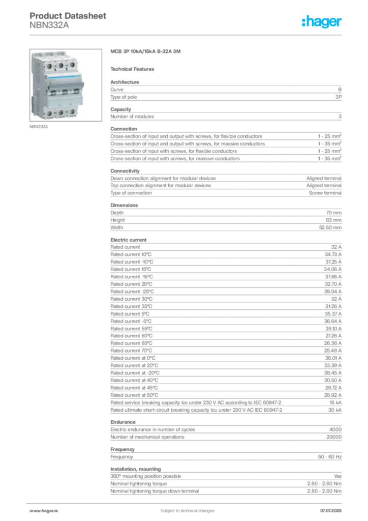 Image Hager Product data sheet NBN332A  | Hager