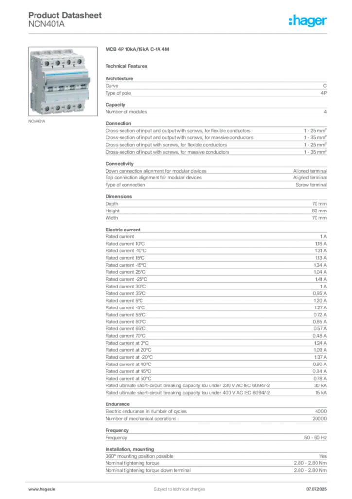 Image Hager Product data sheet NCN401A  | Hager