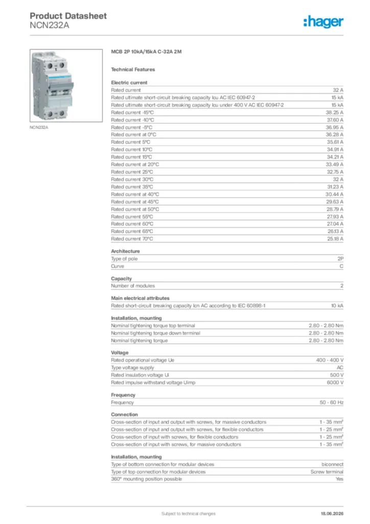 Image Hager Product data sheet NCN232A  | Hager Africa