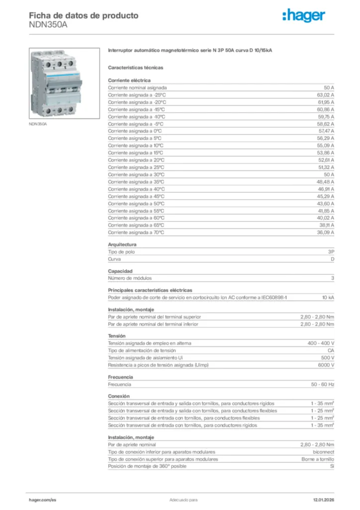 Imagen Hager Ficha de datos de producto NDN350A | Hager España