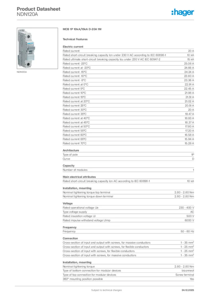 Image Hager Product data sheet NDN120A  | Hager Africa