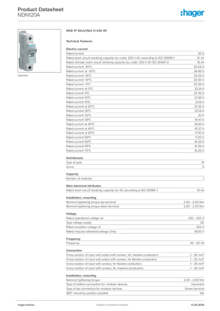 Image Hager Product data sheet NDN120A  | Hager Australia