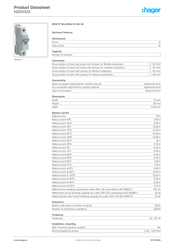 Image Hager Product data sheet NBN110A  | Hager