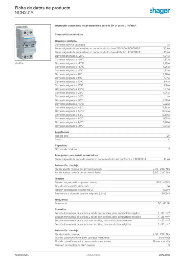 Imagen Hager Ficha de datos de producto NCN201A | Hager España