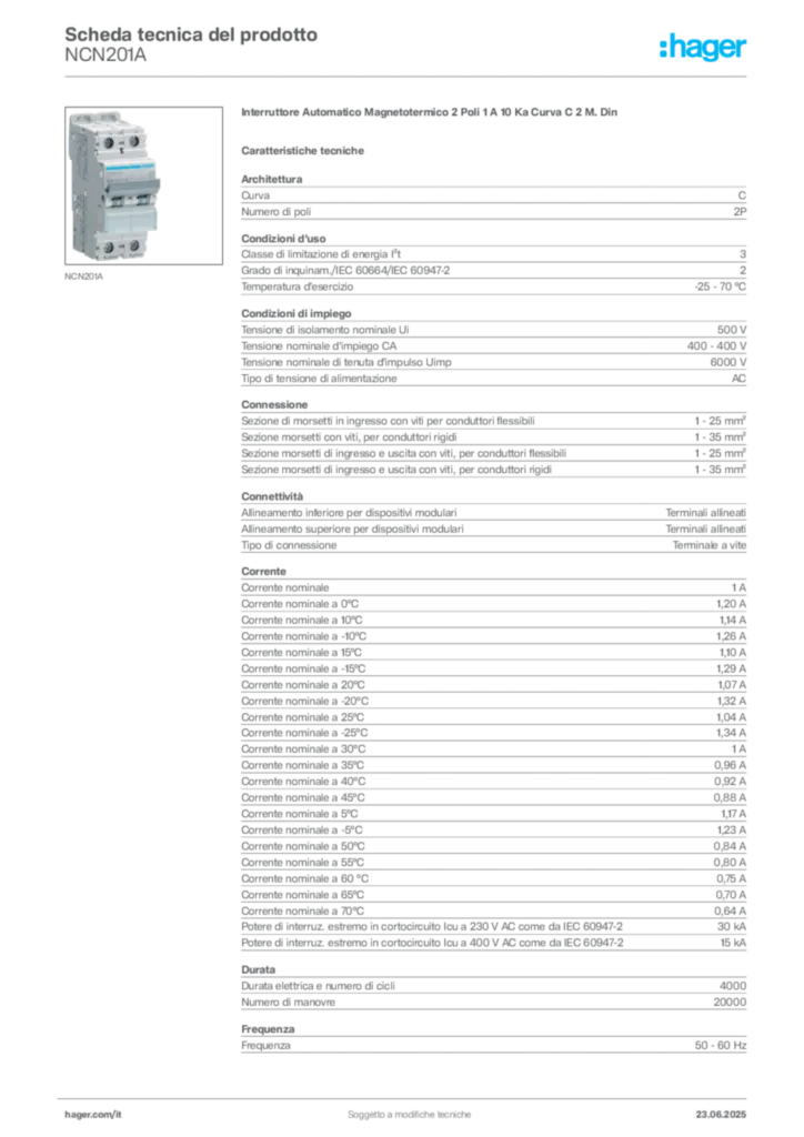 Immagine Hager Scheda tecnica del prodotto NCN201A | Hager Italia