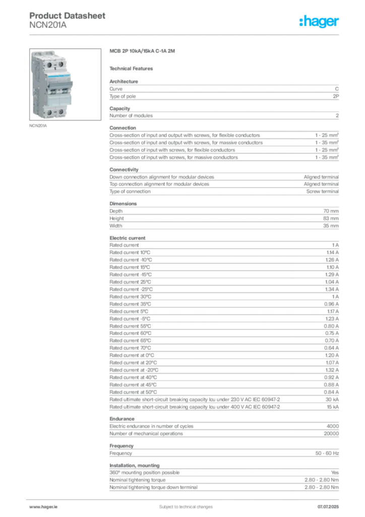 Image Hager Product data sheet NCN201A  | Hager