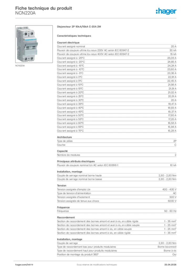 Image Hager Fiche technique du produit NCN220A | Hager Afrique