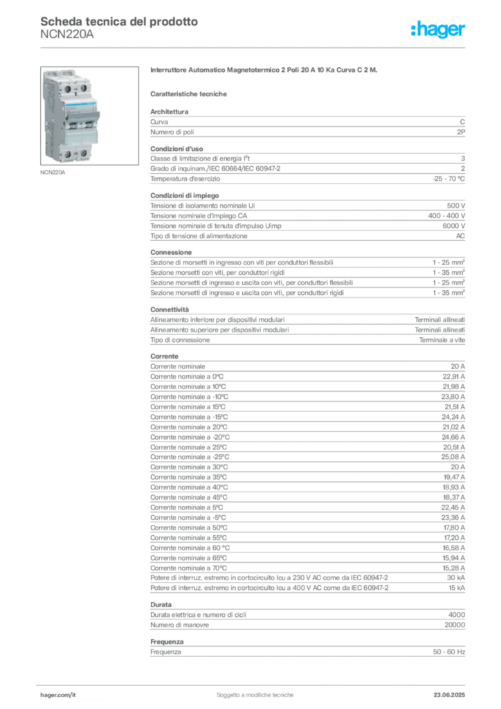 Immagine Hager Scheda tecnica del prodotto NCN220A | Hager Italia