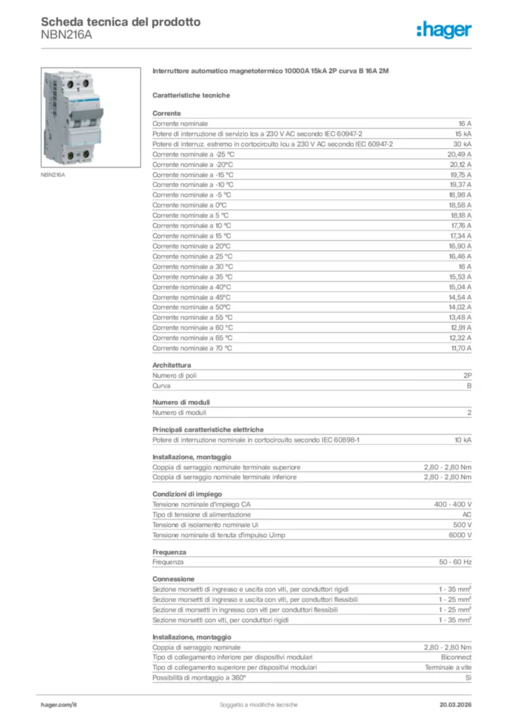 Immagine Hager Scheda tecnica del prodotto NBN216A | Hager Italia