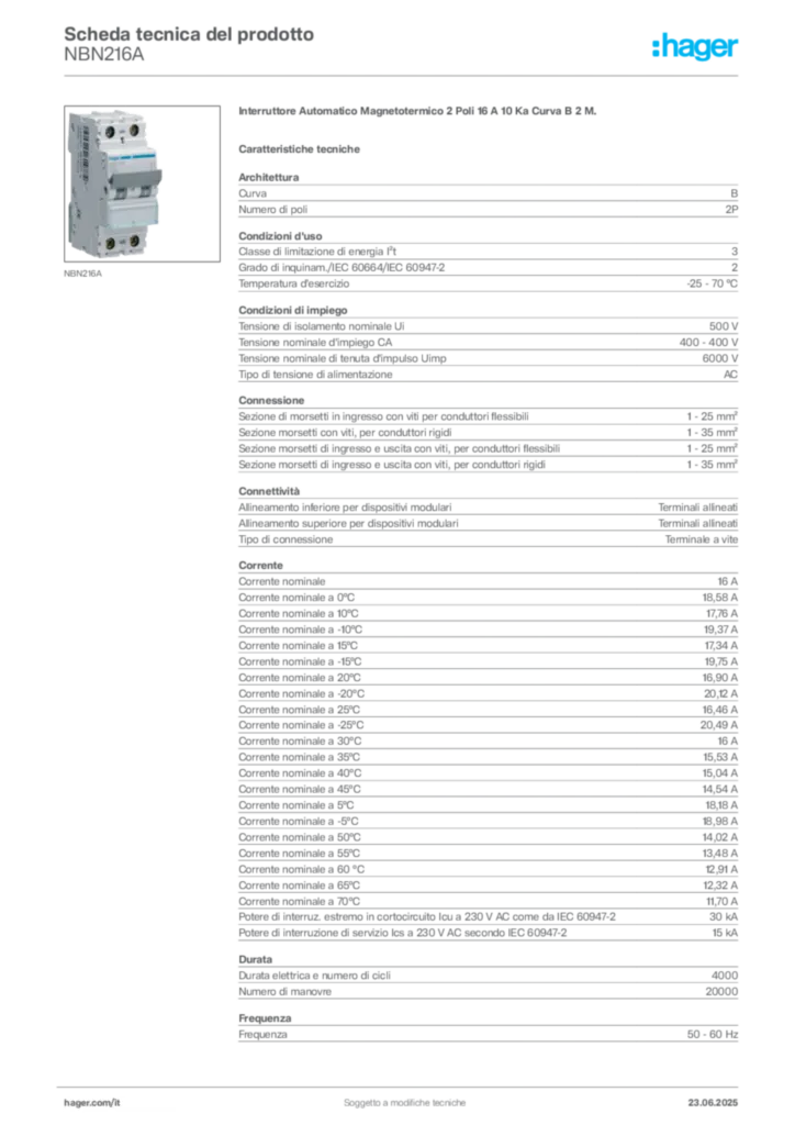 Immagine Hager Scheda tecnica del prodotto NBN216A | Hager Italia