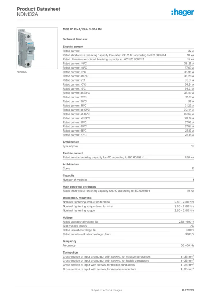 Image Hager Product data sheet NDN132A  | Hager Africa