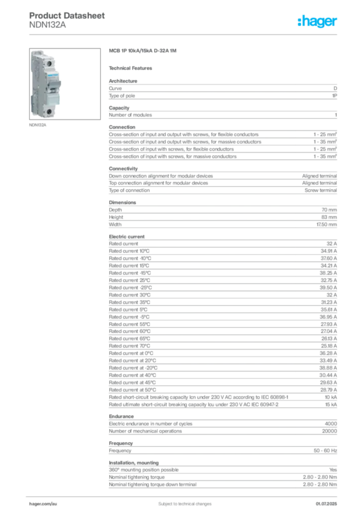 Image Hager Product data sheet NDN132A  | Hager Australia