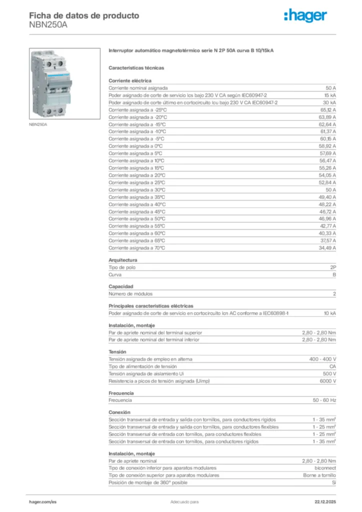 Imagen Hager Ficha de datos de producto NBN250A | Hager España