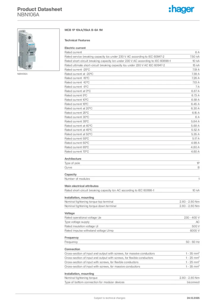 Image Hager Product data sheet NBN106A  | Hager Africa
