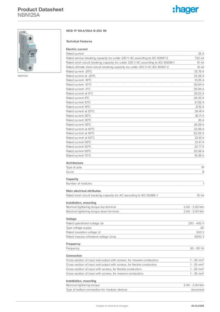Image Hager Product data sheet NBN125A  | Hager Africa