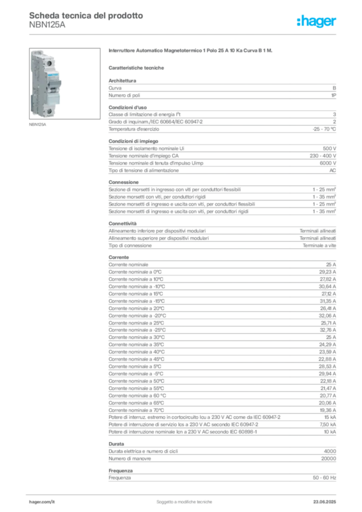 Immagine Hager Scheda tecnica del prodotto NBN125A | Hager Italia