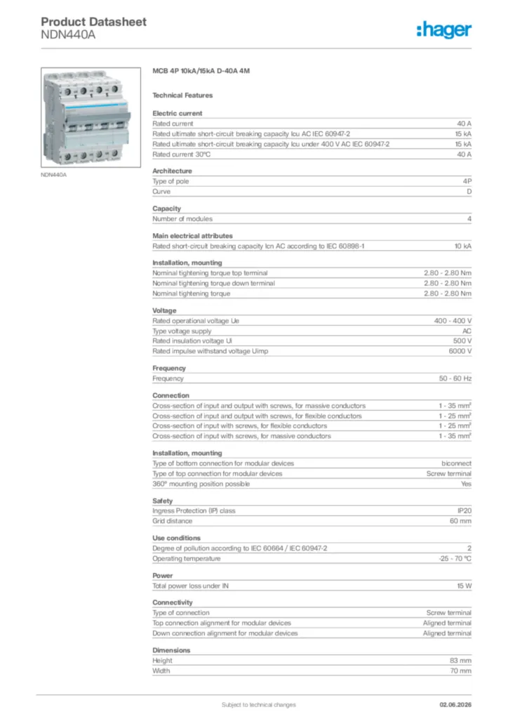 Image Hager Product data sheet NDN440A  | Hager Africa