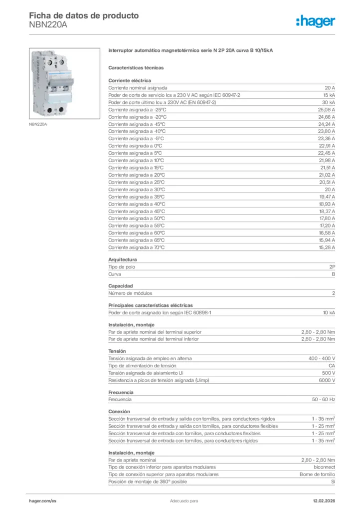 Imagen Hager Ficha de datos de producto NBN220A | Hager España