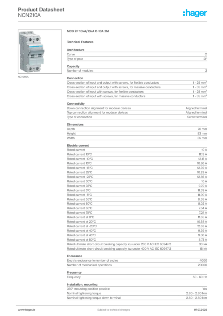 Image Hager Product data sheet NCN210A  | Hager