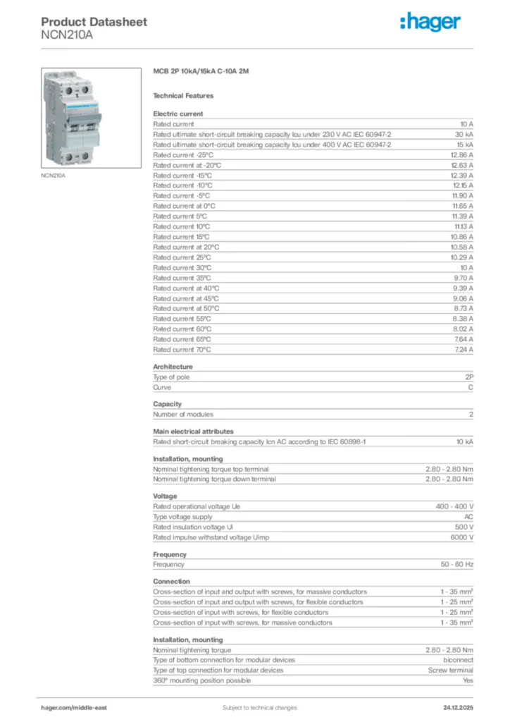 Image Hager Product data sheet NCN210A  | Hager