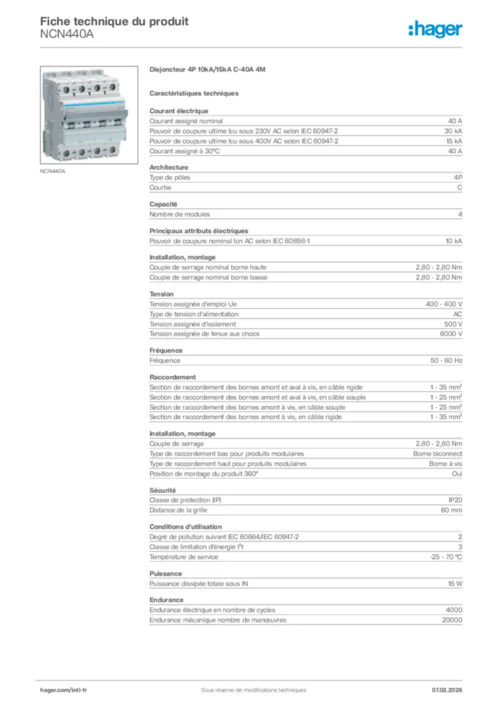Image Hager Fiche technique du produit NCN440A | Hager Afrique