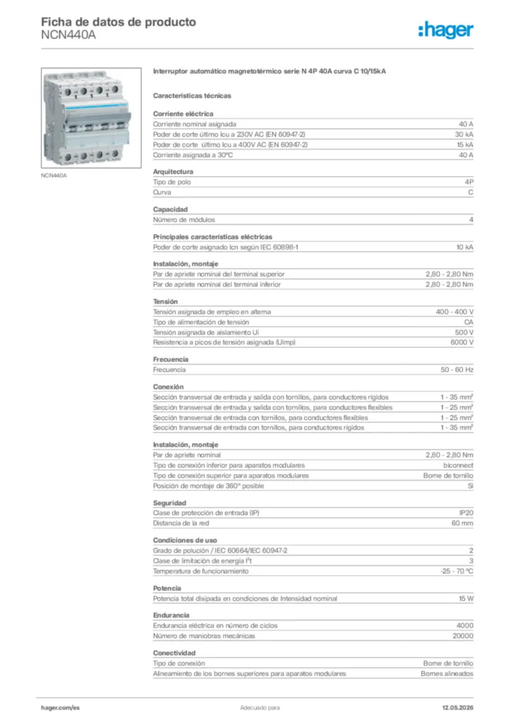 Imagen Hager Ficha de datos de producto NCN440A | Hager España