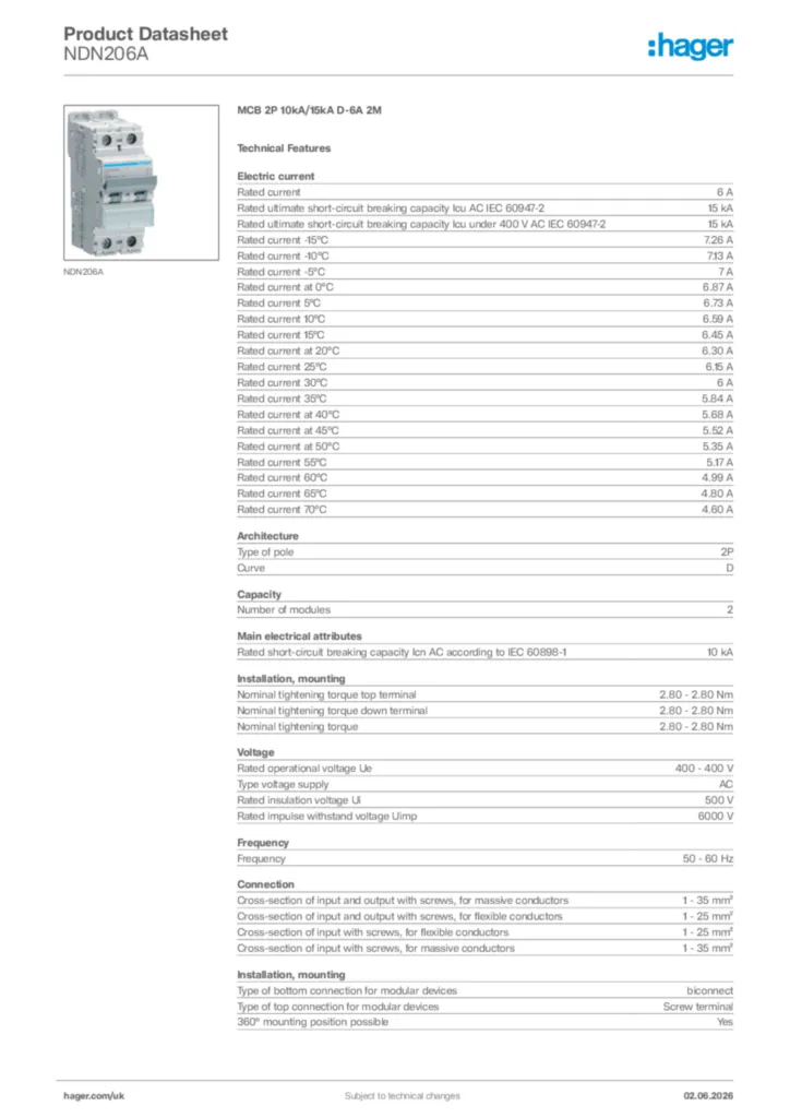 Image Hager Product data sheet NDN206A  | Hager