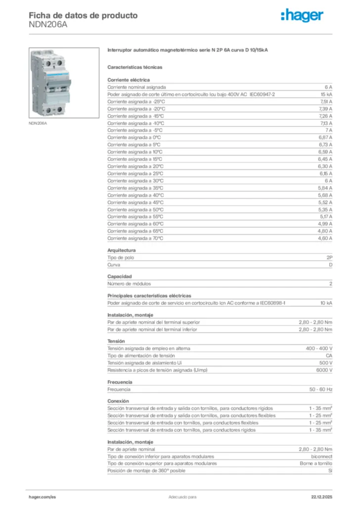 Imagen Hager Ficha de datos de producto NDN206A | Hager España