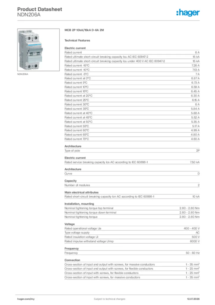 Image Hager Product data sheet NDN206A  | Hager