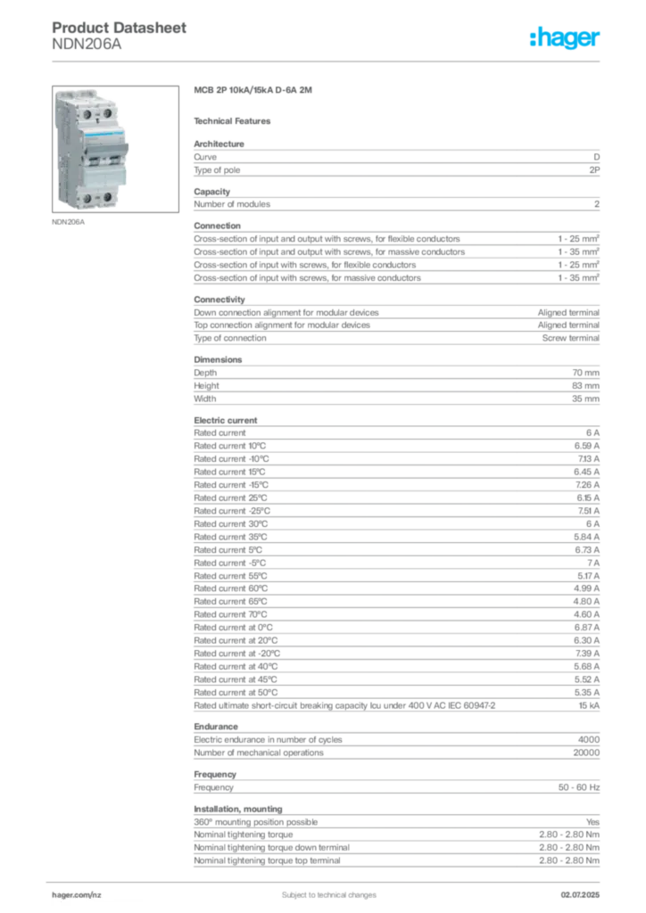 Image Hager Product data sheet NDN206A  | Hager New Zealand