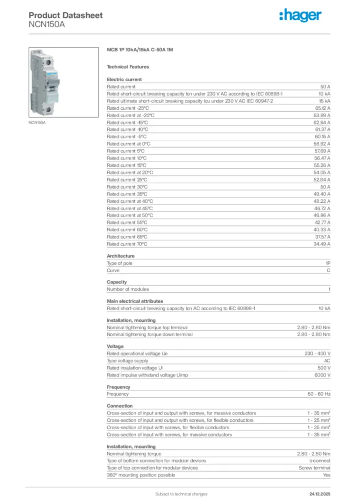 Image Hager Product data sheet NCN150A  | Hager Africa